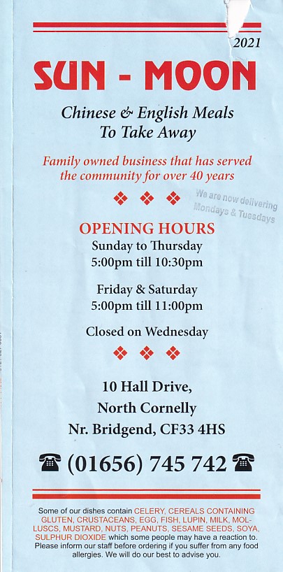 Menu of Sun Moon North Cornelly
