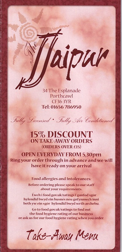 Menu of Jaipur Indian Takeaway Porthcawl